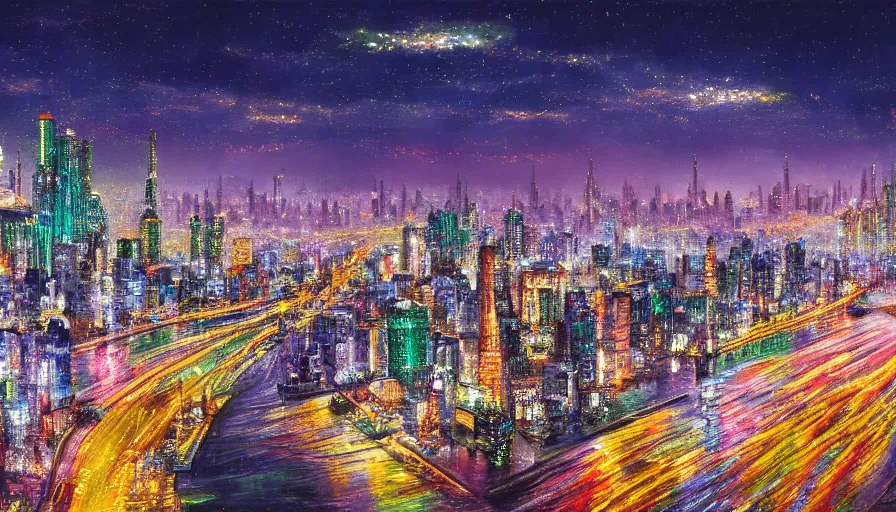 Image similar to a cityscape at night made of sapphires, emeralds, and rubies, matte art, 4k