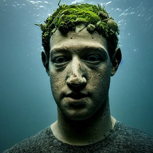 Image similar to Award-winning photograph by Mar Mann. The photo depicts a decaying roman bust of Mark Zuckerberg overgrown with moss at the bottom of the sea in the middle of ruins of civilization. Minimalism, high definition, perfect composition. Deep sea picture. Very dark. Volumetric Lighting. Fish. Darkness. Ruins