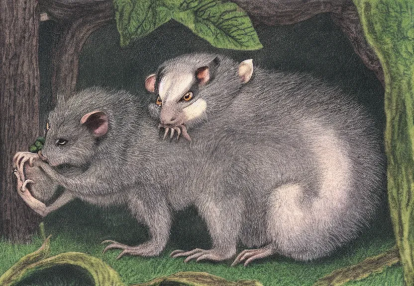 Image similar to possum monster in the wild, colorized, high detail, by Maurice Sendak