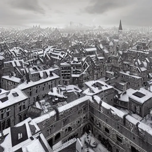 Image similar to an ultra detailed black and white matte painting of the quaint town of galic, grid shaped city cobblestone streets, fantasy city, the morning after a heavy snowfall, wind, inspiring gothic architecture, ultrawide lense, aerial photography, unreal engine, exquisite detail, 8 k, art by greg rutkowski and alphonse mucha