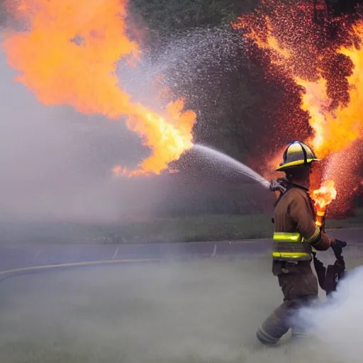 Image similar to photo of a firefighter using a flamethrower projecting a long flame