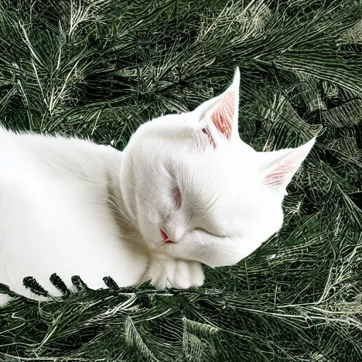 Image similar to a superhero white cat with spandex suit and cape sleeping curled up on bed of pine needles, digital art