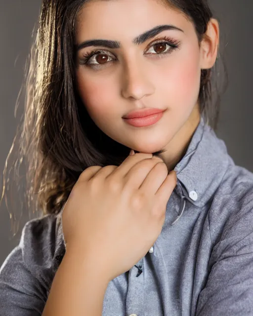 Prompt: a highly realistic, true to life portrait of a beautiful young middle eastern girl, soft focus, from the waist up, with sharp features, a beautiful face, soft smile, under studio lighting, taken with a canon eos camera with 1 3 5 mm focal length