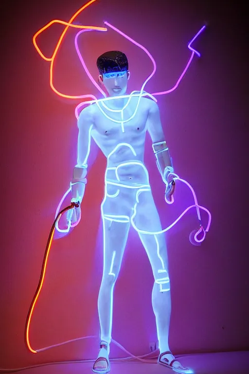 Prompt: full-body neon porcelain egyptian bladerunner greek style sculpture of a young handsome Zayn Malik shirtless as a high-fashion half-robot with a porcelain body with an opening exposing a battery leaking radioactive liquid, electric sparks, glowing violet laser beam eyes, crown of giant rubies, flowing pink and orange neon-colored silk, luminescent fabrics, mechanical raptors. baroque and steampunk elements. full-length view. baroque element. intricate artwork by caravaggio. Very very very very highly detailed epic photo of face. Trending on artstation, octane render, cinematic lighting from the right, hyper realism, octane render, 8k, depth of field, 3D