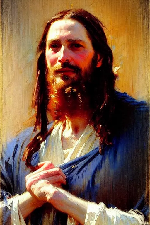 Image similar to impressionist brushstrokes!!!!!!!!! solomon joseph solomon and richard schmid and jeremy lipking victorian loose genre loose painting full length portrait painting of jesus with a slight smile happy inviting