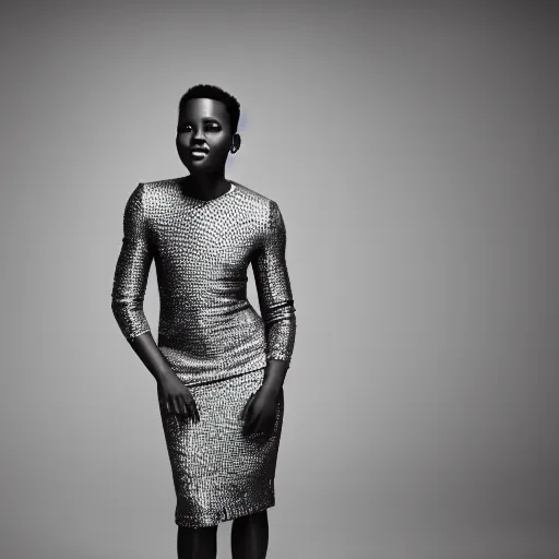 Image similar to Fully-clothed full-body portrait of Lupita Nyong'o, XF IQ4, 50mm, F1.4, studio lighting, professional, 8K