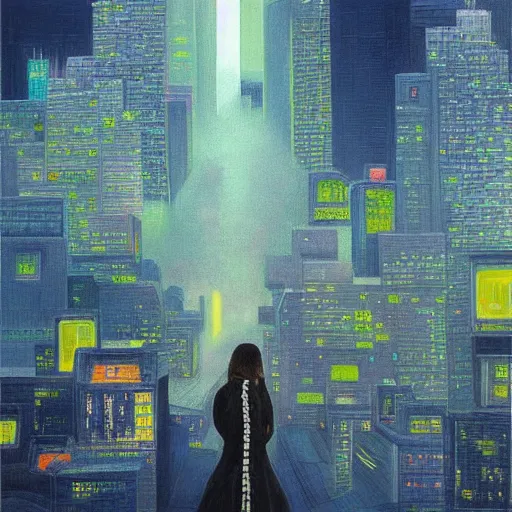 Prompt: “ a girl looking down at a futuristic new york city below, ghostpunk, neon lights, fog, storm clouds, rain, detailed face, oil painting, by jan toorop ”