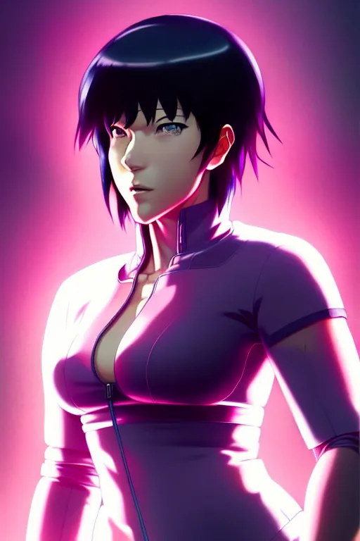 Image similar to a fullbody portrait of motoko kusanagi the major ghost in the shell : : stand alone complex, under repairs, maintenance : : by ilya kuvshinov, rossdraws, artgerm, sola digital arts, anti aliasing, raytracing : :