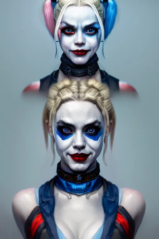 Prompt: ultra detailed half body portrait of harley quinn, blue eyes, sharp bone structure, extremely detailed digital painting, in the style of fenghua zhong and ruan jia and jeremy lipking and peter mohrbacher, mystical colors, rim light, beautiful lighting, 8 k, stunning scene, raytracing, octane, trending on artstation