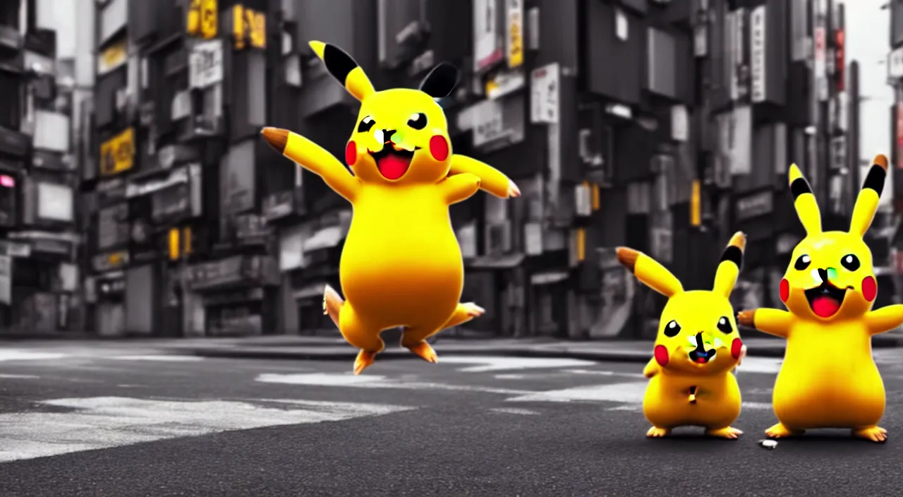 Image similar to hyperrealistic anthropomorphic pikachu dancing in the streets of dystopian tokio syd mead cinematic lighting 8k wide angle shallow depth of field