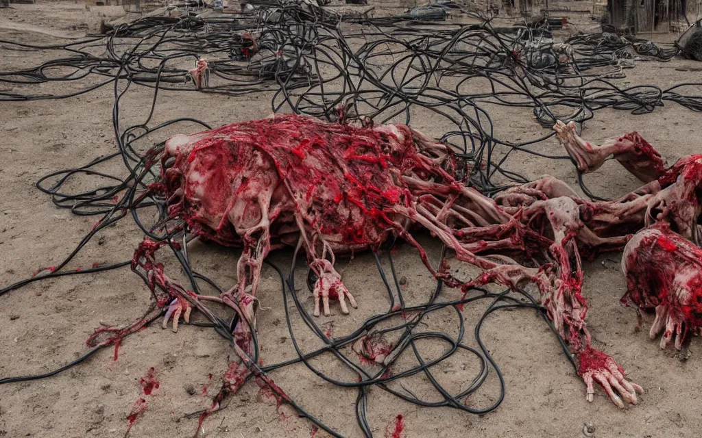 Image similar to in the desert a bloody gross horrifying the thing creature made of muscle and bone and blood stares at the camera, hundreds of black cables and wires wrap around the bodies, the drool comes out of the rotting bodies, eating, mid day, 3 5 mm photography, realistic,