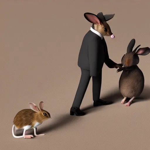 Image similar to a mouse in a suit shaking hands with a rabbit in a suit. Octane render
