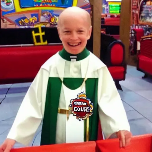 Image similar to Chuck E. Cheese as a priest in a church