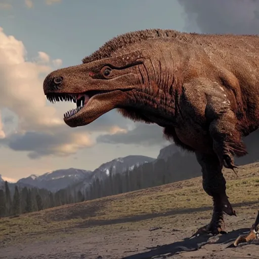 Prompt: A mix of a tyrannosaurus rex and a bison, highly detailed, 8k, Unreal Engine render