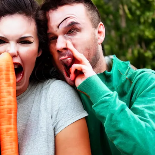 Image similar to woman eating man with carrot hands