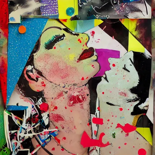 Prompt: two dream women kissing at a carnival made of love, mixed media collage, retro, paper collage, magazine collage, acrylic paint splatters, bauhaus, abstract claymation, layered paper art, sapphic visual poetry expressing the utmost of desires by jackson pollock