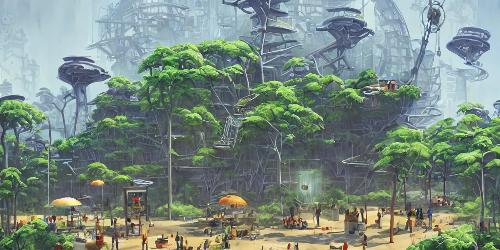 Image similar to overwatch building, stylized, exterior, architecture, in watercolor gouache detailed paintings, insanely detail, artstation, 8 k, futuristic, big medium small, arcane, simon stalenhag, food stall, interesting shapes & form, golden ratio, megastructures, in the middle of crowded jungle, forest, plant, ivy vines