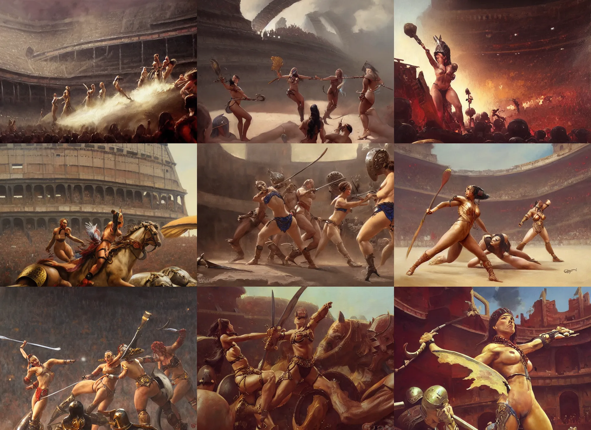 Prompt: A closeup oil painting of a womens gladiatorial arena match, by Greg Rutkowski, Frank Frazetta, Boris Vallejo, epic fantasy character art, olympus, Exquisite detail, post-processing, masterpiece, cinematic, Coliseum of Rome