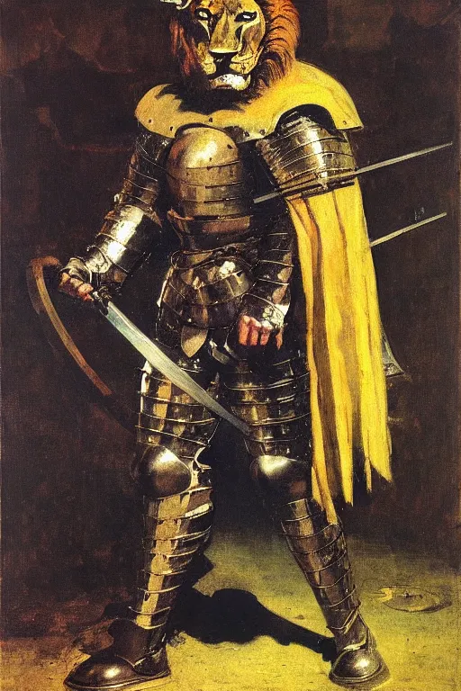 medieval heroic knight standing with a lion, front