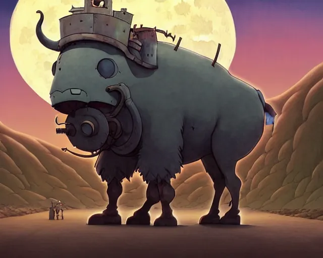 Prompt: a cell shaded cartoon grey lovecraftian mechanized bison from howl's moving castle ( 2 0 0 4 ), with a big head, on a desert road, wide shot, in front of a big moon, muted colors, post grunge, josan gonzales, wlop, by james jean, victor ngai, hq, deviantart, art by artgem