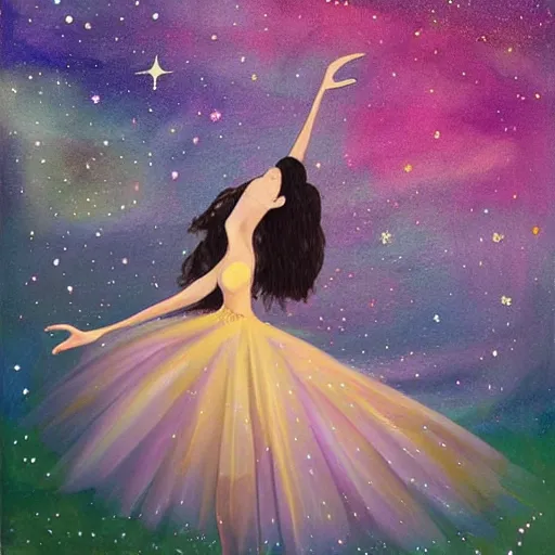 Image similar to ballerina in a dress looking at a starry sky, galaxy, beautiful, painting, highly detailed, soft light