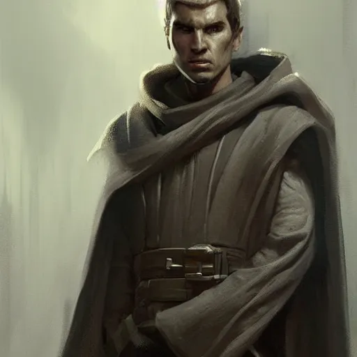 Image similar to portrait of a man by greg rutkowski, jedi knight, he looks like sam witwer wearing black jedi robes, star wars expanded universe, he is about 2 0 years old, highly detailed portrait, digital painting, artstation, concept art, smooth, sharp foccus ilustration, artstation hq