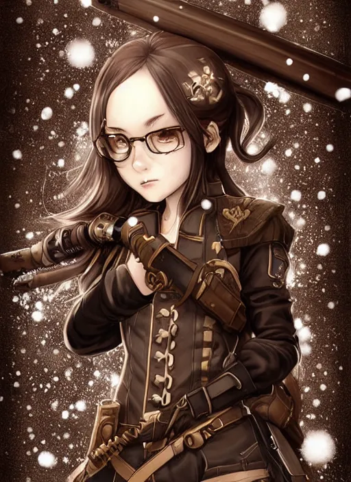 Image similar to girl with steampunk weapons and uniform, serious, finely detailed, made by artgerm, ross tran, full body portrait, illustration, snow, snowing, cloudy, anime, side view, perfect anime face, realistic face, zoomed out, smooth, brown eyes, high waisted shorts