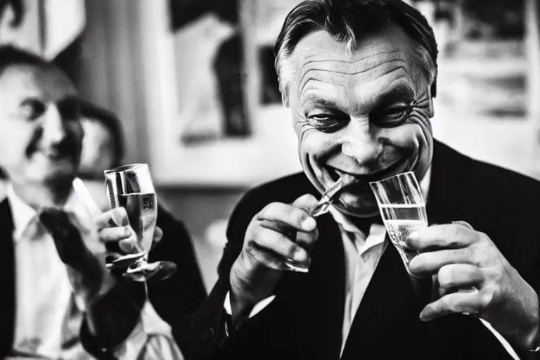 Prompt: viktor orban drinking champagne smoking cigar laughing hard by peter lindbergh