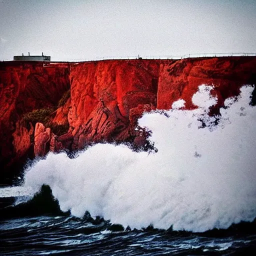 Prompt: “ highly realistic storm wave hitting a red lighthouse on a cliff ”