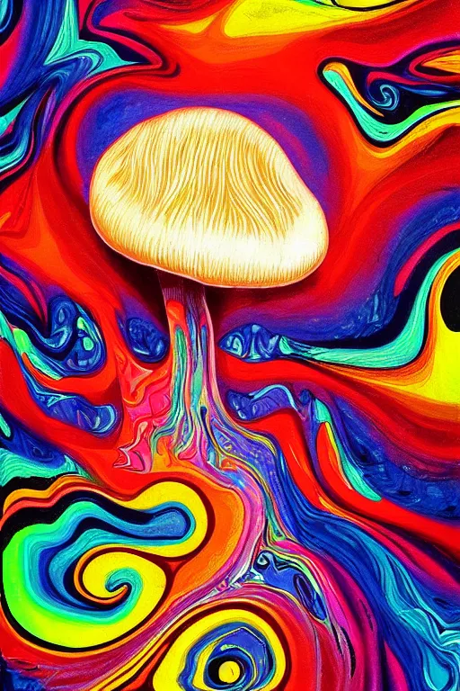 Prompt: fluid dynamics flow art a painting of a mushroom with a colorful swirl, acrylic marbling art by sam spratt, deviantart, psychedelic art, psychedelic, cosmic horror, chromatic