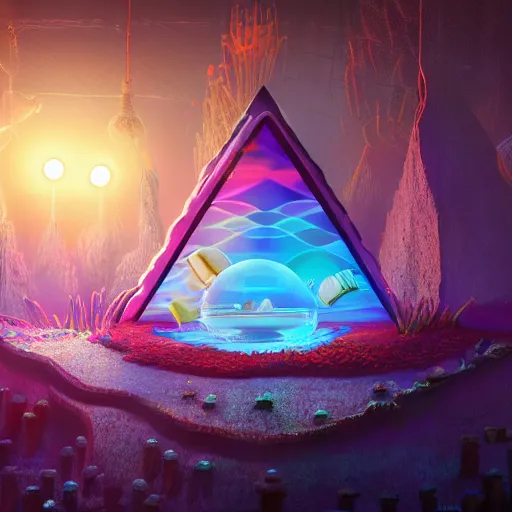 Image similar to googles, pyramid, floating, rbc, radiolaria, protophyta, microorganisms, center frame, symmetric, rim light, marine microbiology, bioluminescence, electric, fur, soft, concept art, intricate details, highly detailed, colorful, photorealistic, disney pixar, octane render, iridescent, anime, 8 k