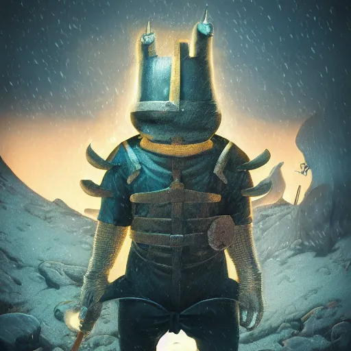 Prompt: tintin as a dark souls boss by mike winkelmann