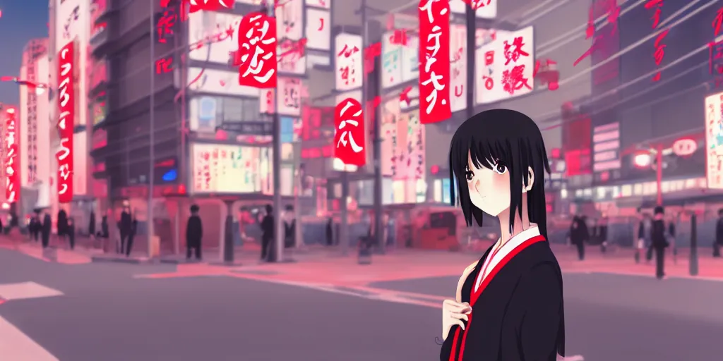 Image similar to a beautiful anime girl with black long hair wearing japanese uniform high school waiting for crosswalk under the red light, tokyo city background, makoto shinkai style, anime style digital art, 8 k