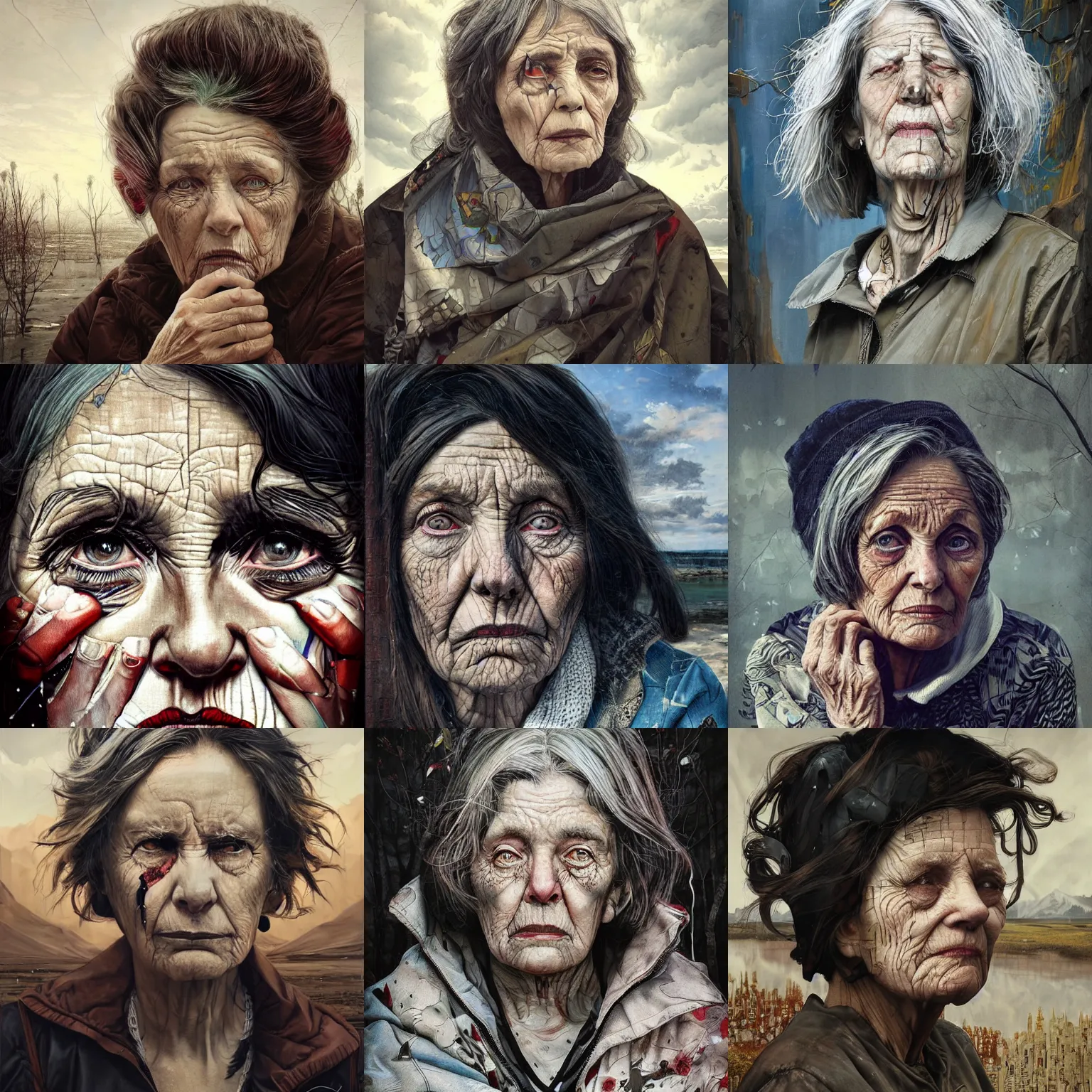 Prompt: a portrait of a very sad depressed old woman, lonely by sandra chevrier, by jon foster, detailed render, epic composition, natural landscape background, 4 k realistic, cryengine, realistic shaded lighting, sharp focus, masterpiece, by enki bilal