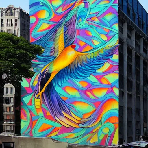 Image similar to A beautiful street art of a large, colorful bird with a long, sweeping tail. The bird is surrounded by swirling lines and geometric shapes in a variety of colors axonometric by Miho Hirano opulent, mournful