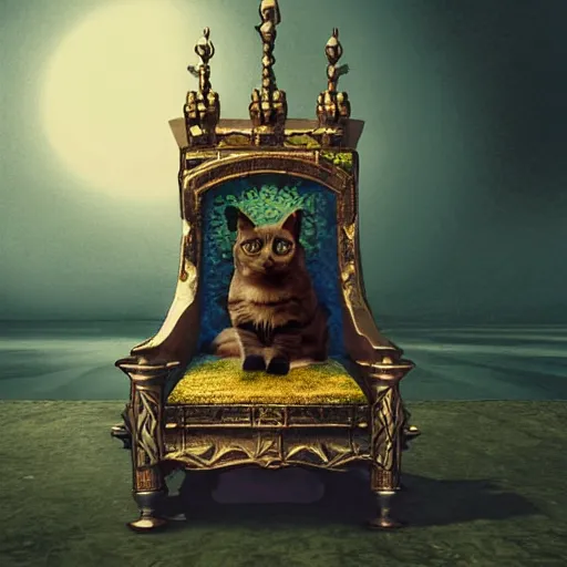 Prompt: cat crowned sitted on throne, castle environment, digital art