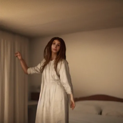 Prompt: portrait of girl in linen clothing falling from the room ceiling into a bed, natural sun lighting, unreal engine model, 8 5 mm lens by annie leibovitz