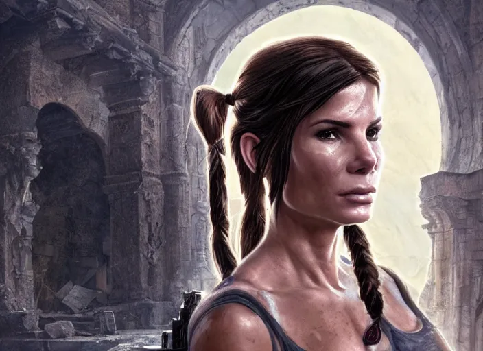 Image similar to face portrait of concentrated young Sandra Bullock as Lara Croft with pig-tails entering an incredible epic ruin, glorious sun beams, intricate, elegant, highly detailed, digital painting, short focus, illustration, Allan Lee, John Howe