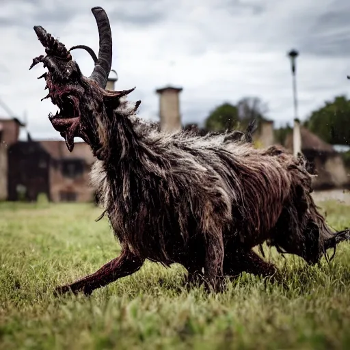 Image similar to horror, hd photography, a monstrous mutant goat creature is galloping across a muddy medieval village square in daylight, filthy matted fur, human eyes, disturbing, mutated, crocodile - like teeth