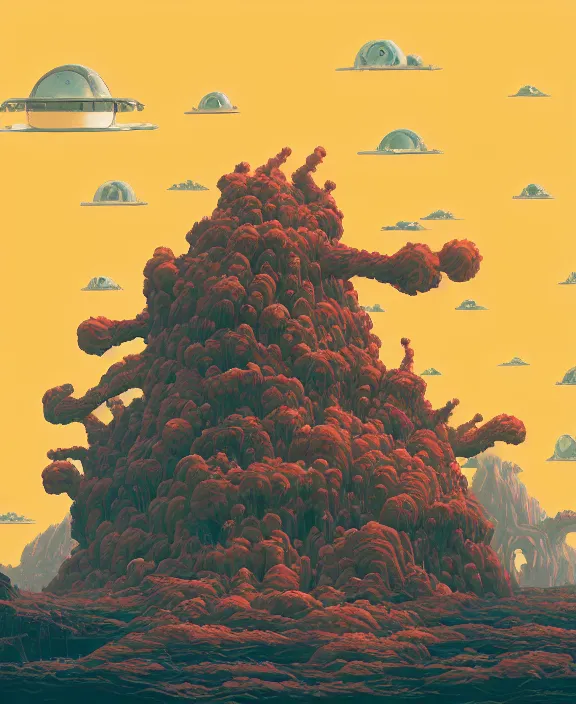 Image similar to simplicity, an elegant building made out of exotic fungus, overgrown with shiny blobs, spaceship, sci - fi, robots, partly cloudy, hellscape, hell, fire, brimstone, lava, by dan mumford, yusuke murata, makoto shinkai, ross tran, cinematic, unreal engine, cel shaded, featured on artstation, pixiv