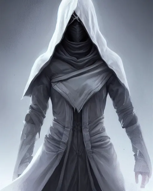 Prompt: hooded archmage in grey clothes!!! white mask covering whole face!!!! character concept art, sharp focus, octane render! unreal engine 5! highly rendered!! trending on artstation!! detailed linework!! illustration by artgerm, wlop, and chie yoshii