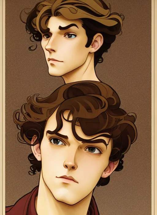 Prompt: art nouveau portrait of a handsome young man with curly medium length very messy light brown hair, brown eyes, aloof, serious expression, t - shirt, natural lighting, path traced, highly detailed, high quality, cartoon, digital painting, by don bluth and ross tran and studio ghibli and alphonse mucha