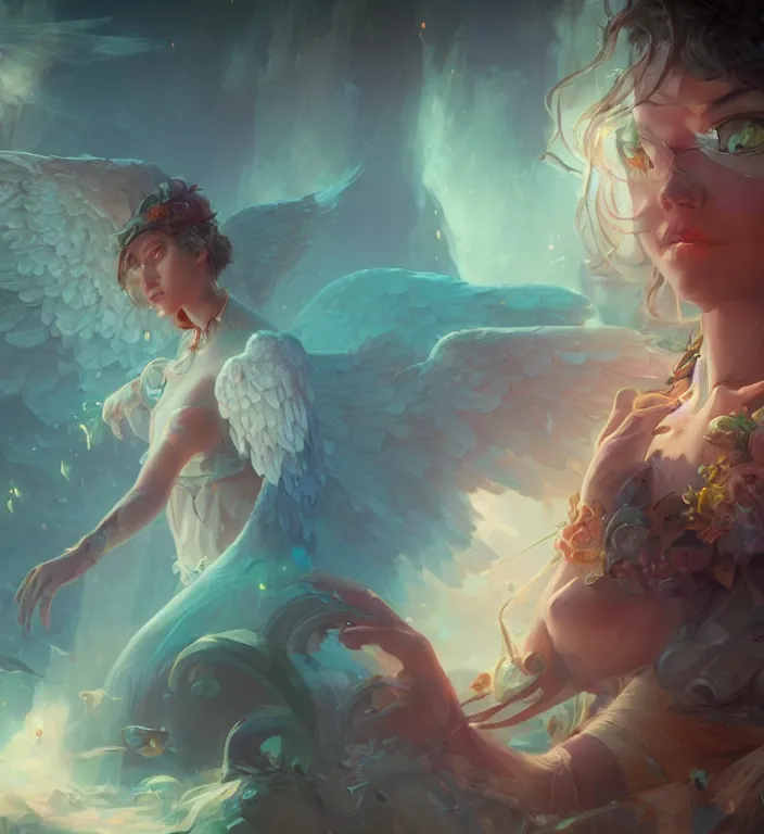 Prompt: centered waist up portrait photography an angel + bokeh + DOF + 8k, photorealistic + rendered in unreal engine + colors and composition by Peter Mohrbacher + line work by Dan Mumford , ultra realistic