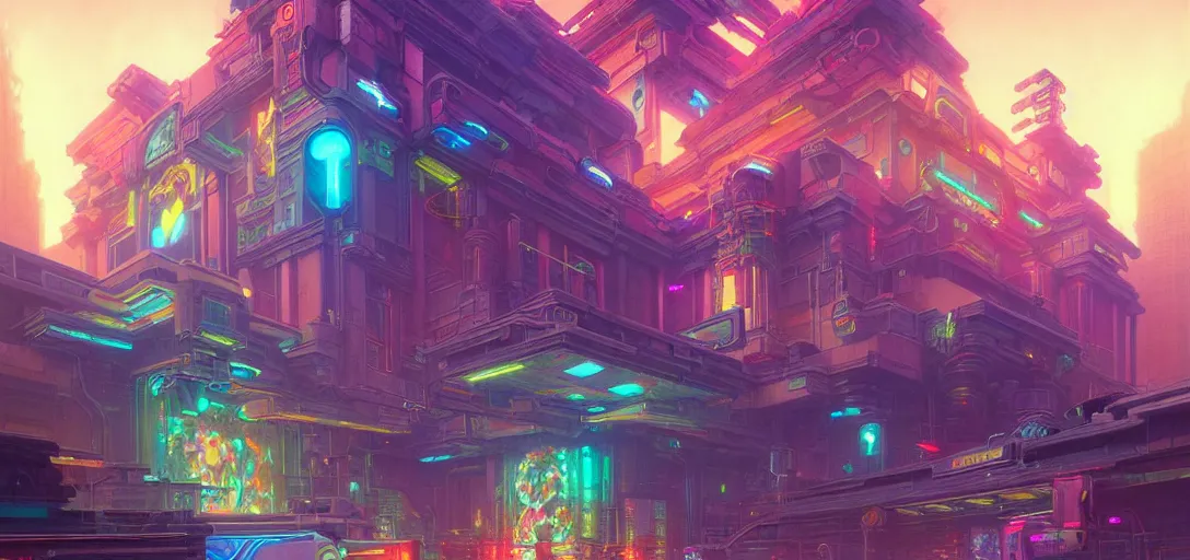 Image similar to street view of a cybernetic temple, vaporwave aesthetic, colorful, psychedelic, digital painting, artstation, concept art, smooth, sharp focus, illustration, art by artgerm and greg rutkowski and alphonse mucha