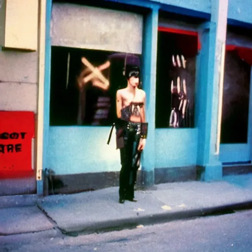 Image similar to androgynous punk smoking cigarette outside bar, photo kodachrome