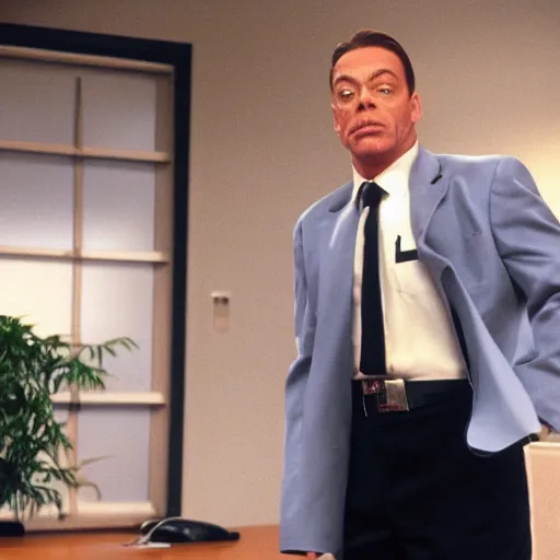 Image similar to Jean Claude Vandamme as Pam on the office show, cinematic still, high quality,