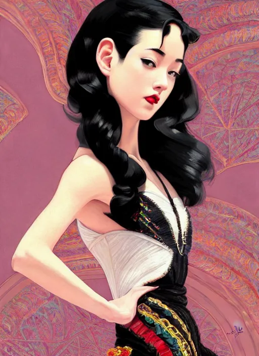 Image similar to a beautiful dancer with black hair in 1930's fashion, living room background, intricate, highly detailed, digital painting, artstation, official media, anime key visual, concept art, rich vivid colors, ambient lighting, sharp focus, illustration, art by Artgerm, Makoto Shinkai, Ilya Kuvshinov, Lois Van Baarle, and Rossdraws