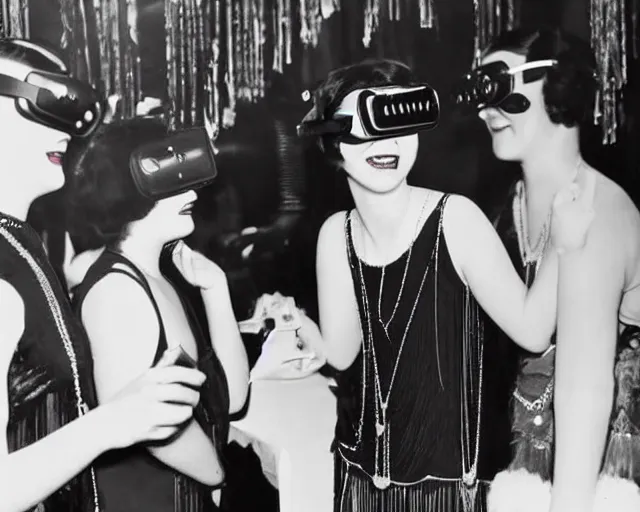 Image similar to 1 9 2 0 s photo of a flapper girl wearing a vr headset on a stage in a speakeasy