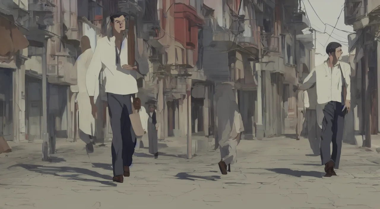 Prompt: ernest shackleton in a crisp white linen shirt and slacks, leather boots, walking in a cuban street, 1 9 0 0, genndy tartakovsky, atey ghailan, goro fujita, studio ghibli, rim light, mid morning lighting, clear focus, very coherent