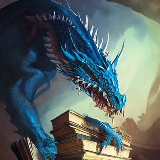 Image similar to blue dragon sitting on a hoard of books, fantasy, dnd, art by greg rutkowski